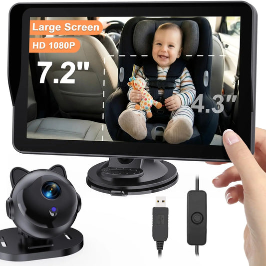 7.2 Inch HD Baby Car Camera 1080P Auto Night Vision 150° Wide Angle 3X Larger View 5 Mins USB Easy Install for Kids 0-5