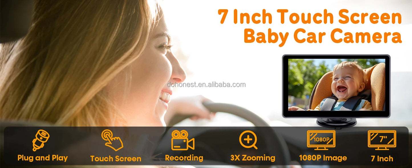 1080P HD 7 Inch Baby Car Camera Touchscreen 3X Zoom 150° Wide Angle 940nm Night Vision Easy Installation