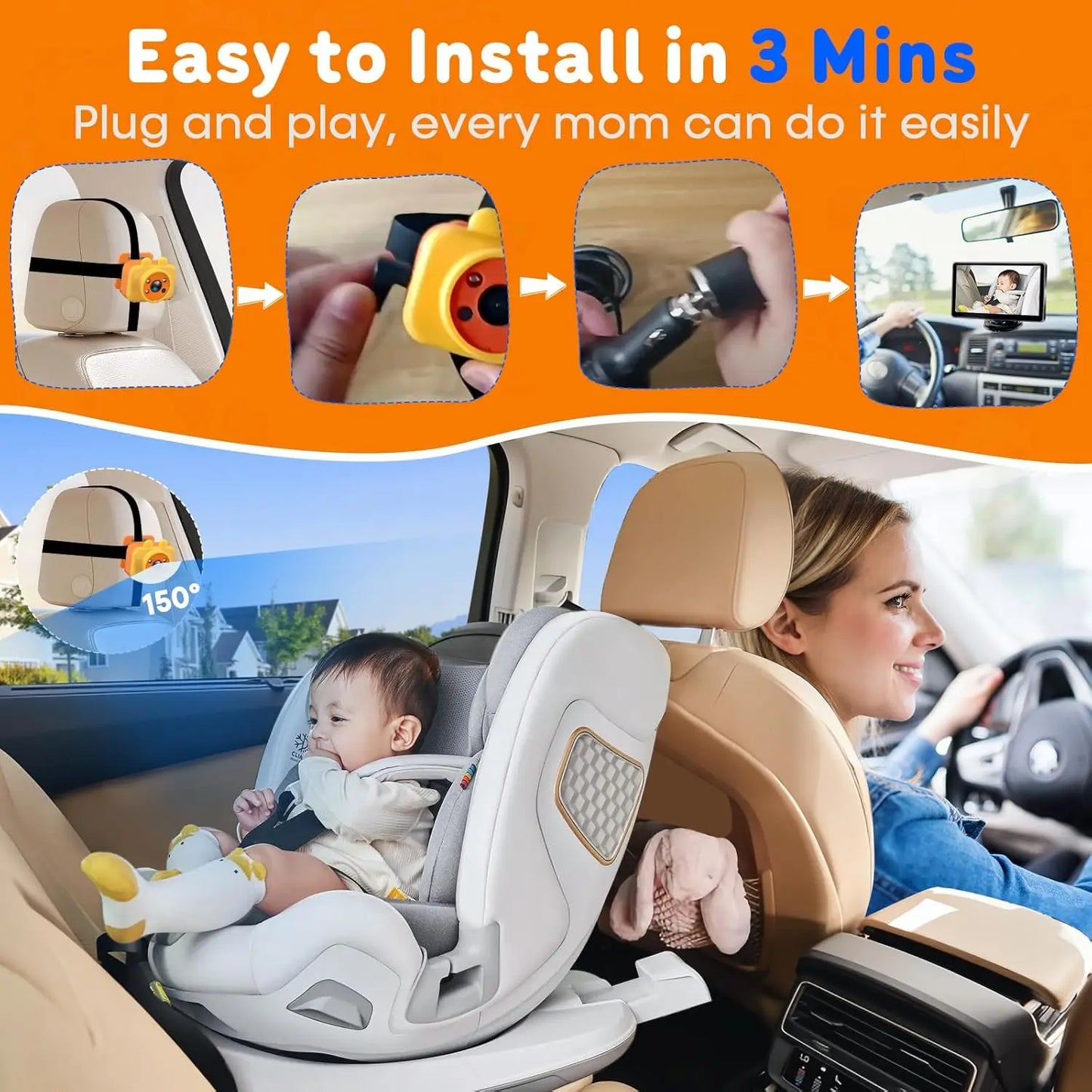 1080P HD 7 Inch Baby Car Camera Touchscreen 3X Zoom 150° Wide Angle 940nm Night Vision Easy Installation