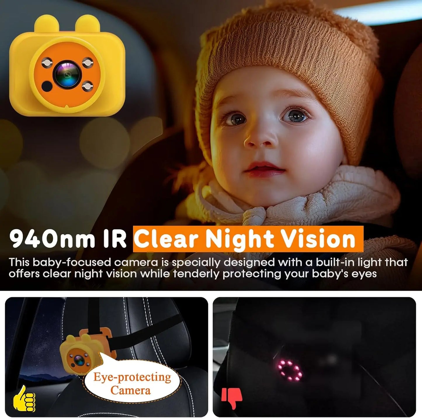 1080P HD 7 Inch Baby Car Camera Touchscreen 3X Zoom 150° Wide Angle 940nm Night Vision Easy Installation