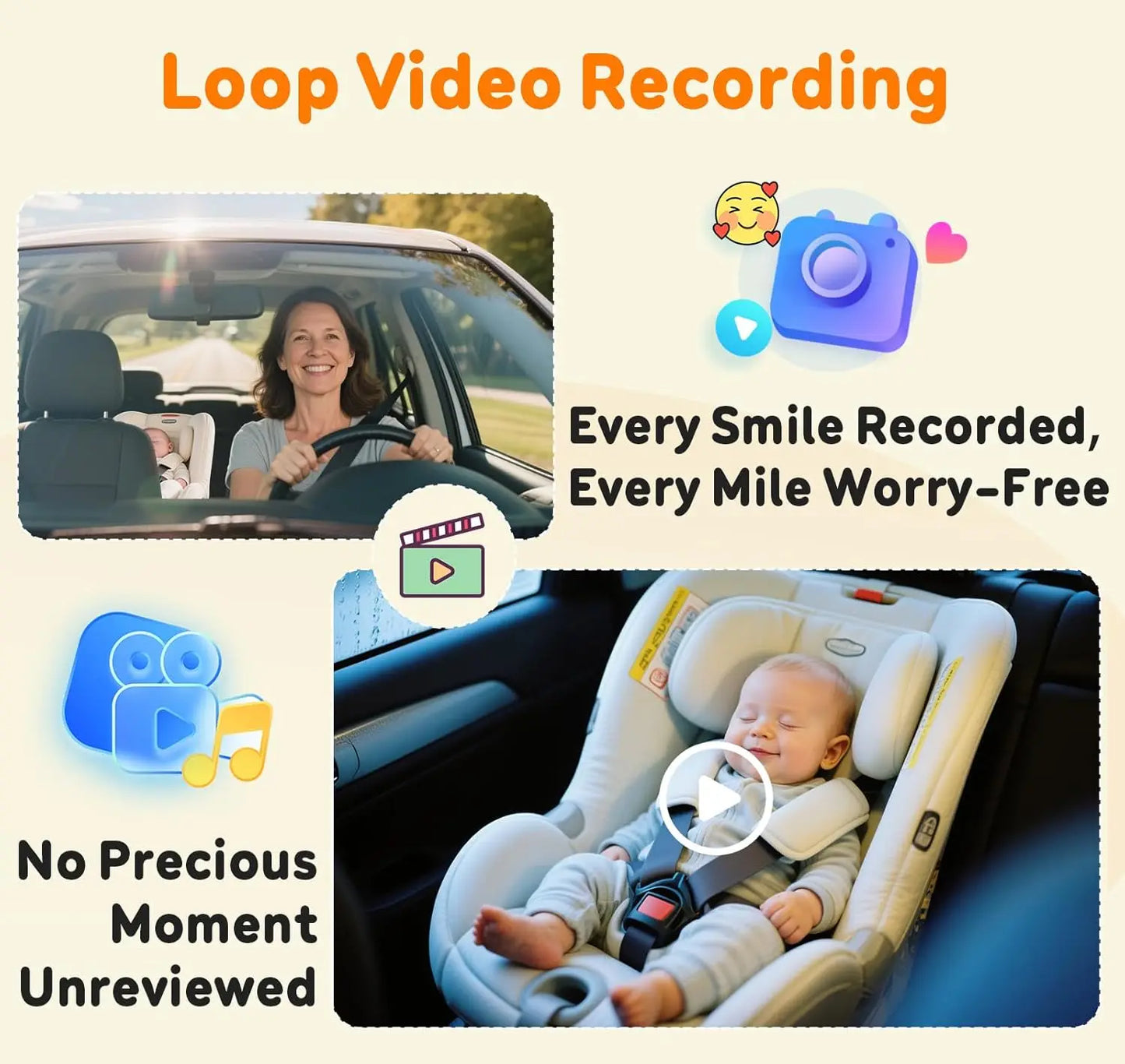 1080P HD 7 Inch Baby Car Camera Touchscreen 3X Zoom 150° Wide Angle 940nm Night Vision Easy Installation