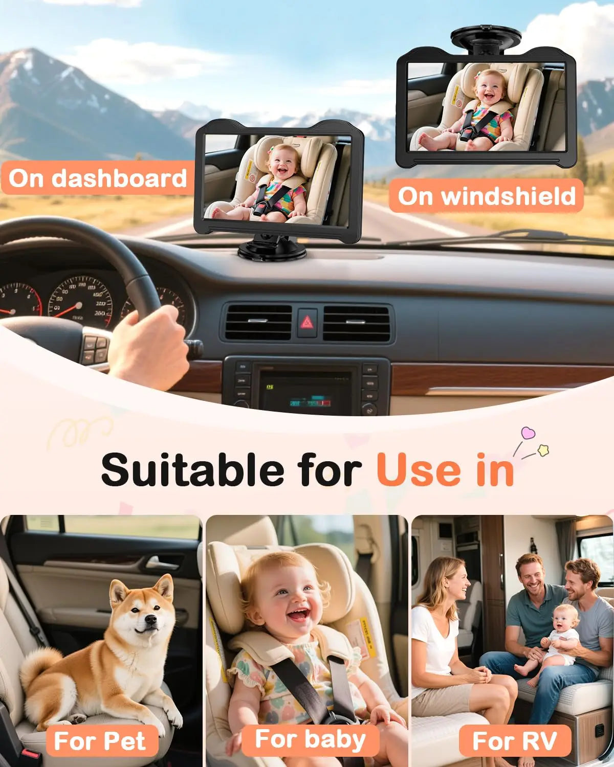 7 Inch 1080P Baby Car Camera 150° Wide Angle Night Vision USB Powered for Infant
