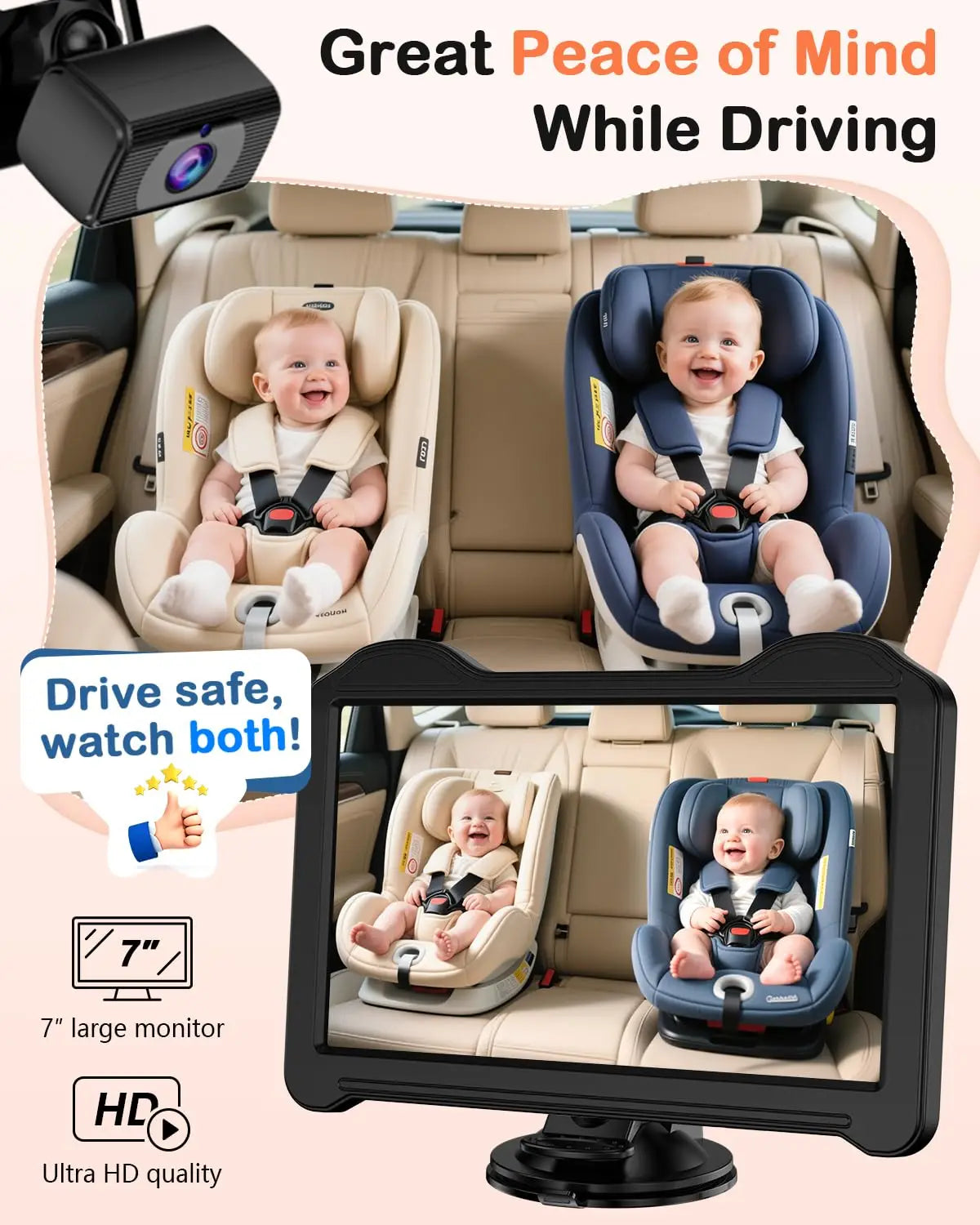 7 Inch 1080P Baby Car Camera 150° Wide Angle Night Vision USB Powered for Infant