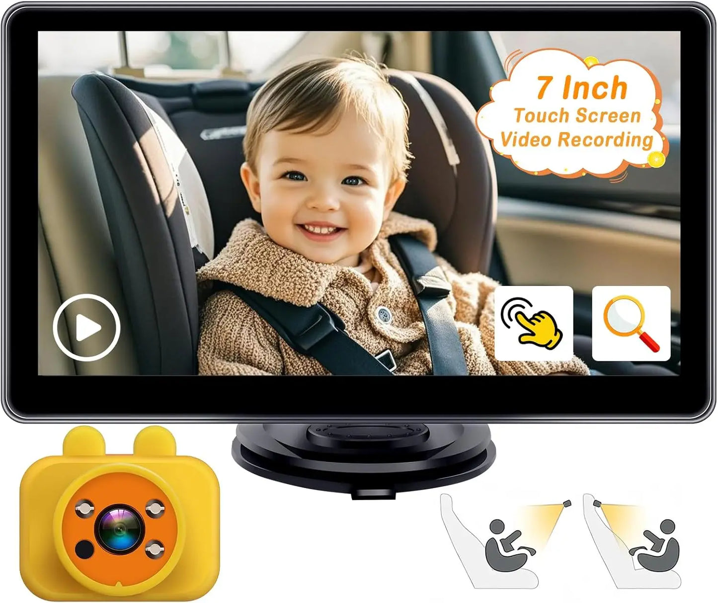 1080P HD 7 Inch Baby Car Camera Touchscreen 3X Zoom 150° Wide Angle 940nm Night Vision Easy Installation