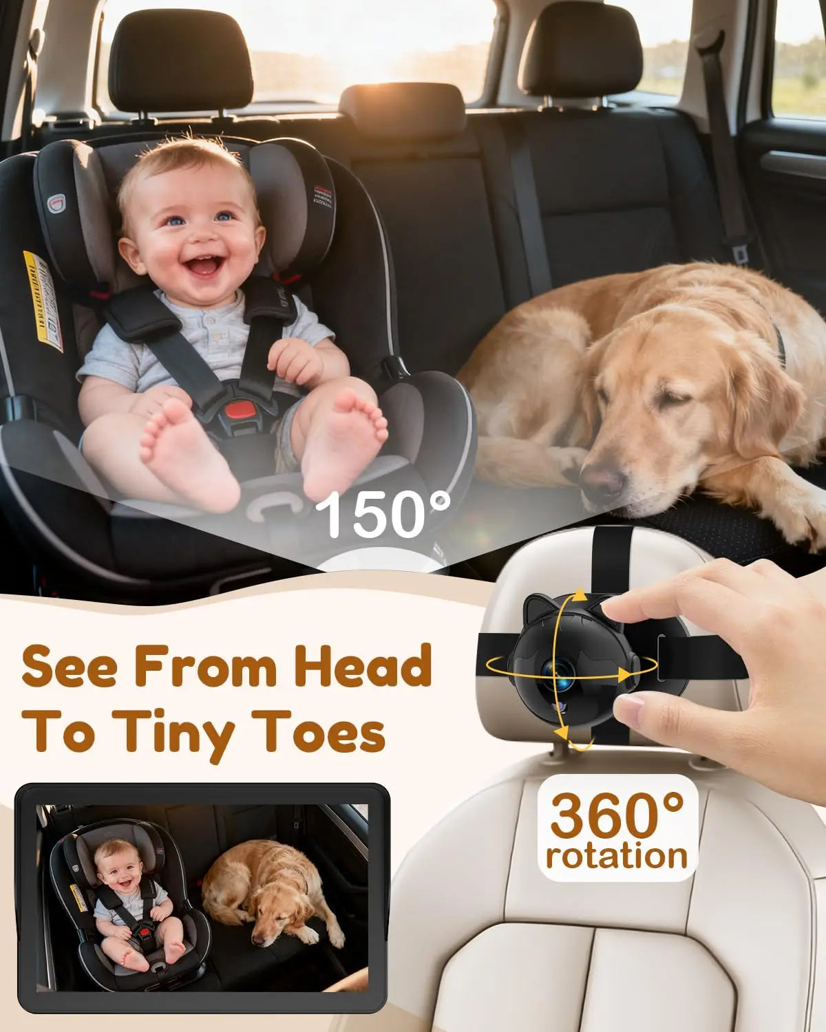 7.2 Inch HD Baby Car Camera 1080P Auto Night Vision 150° Wide Angle 3X Larger View 5 Mins USB Easy Install for Kids 0-5