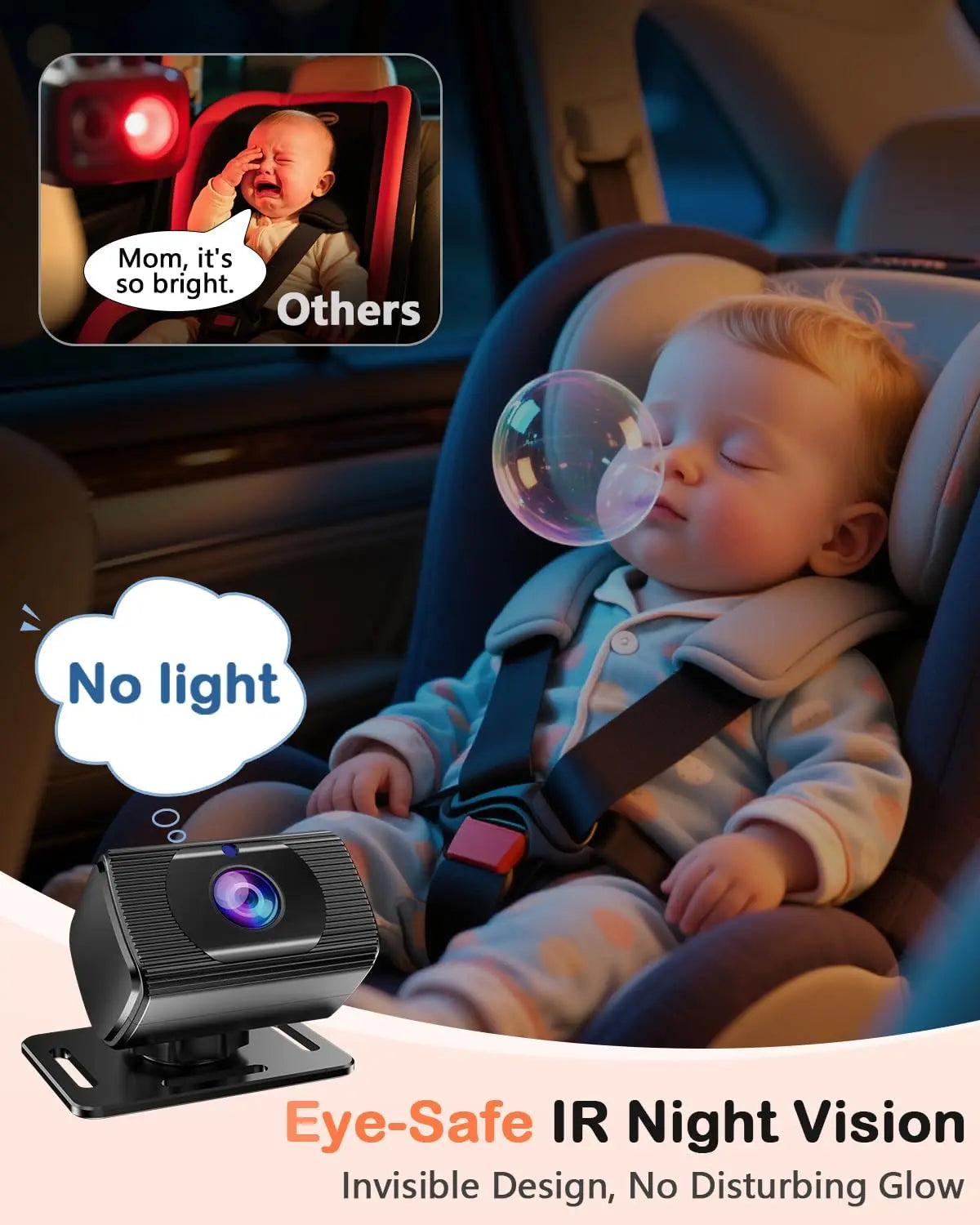7 Inch 1080P Baby Car Camera 150° Wide Angle Night Vision USB Powered for Infant