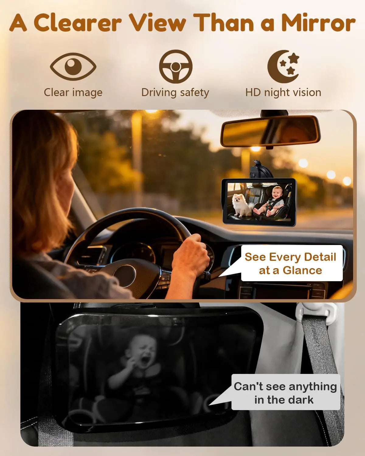 7.2 Inch HD Baby Car Camera 1080P Auto Night Vision 150° Wide Angle 3X Larger View 5 Mins USB Easy Install for Kids 0-5