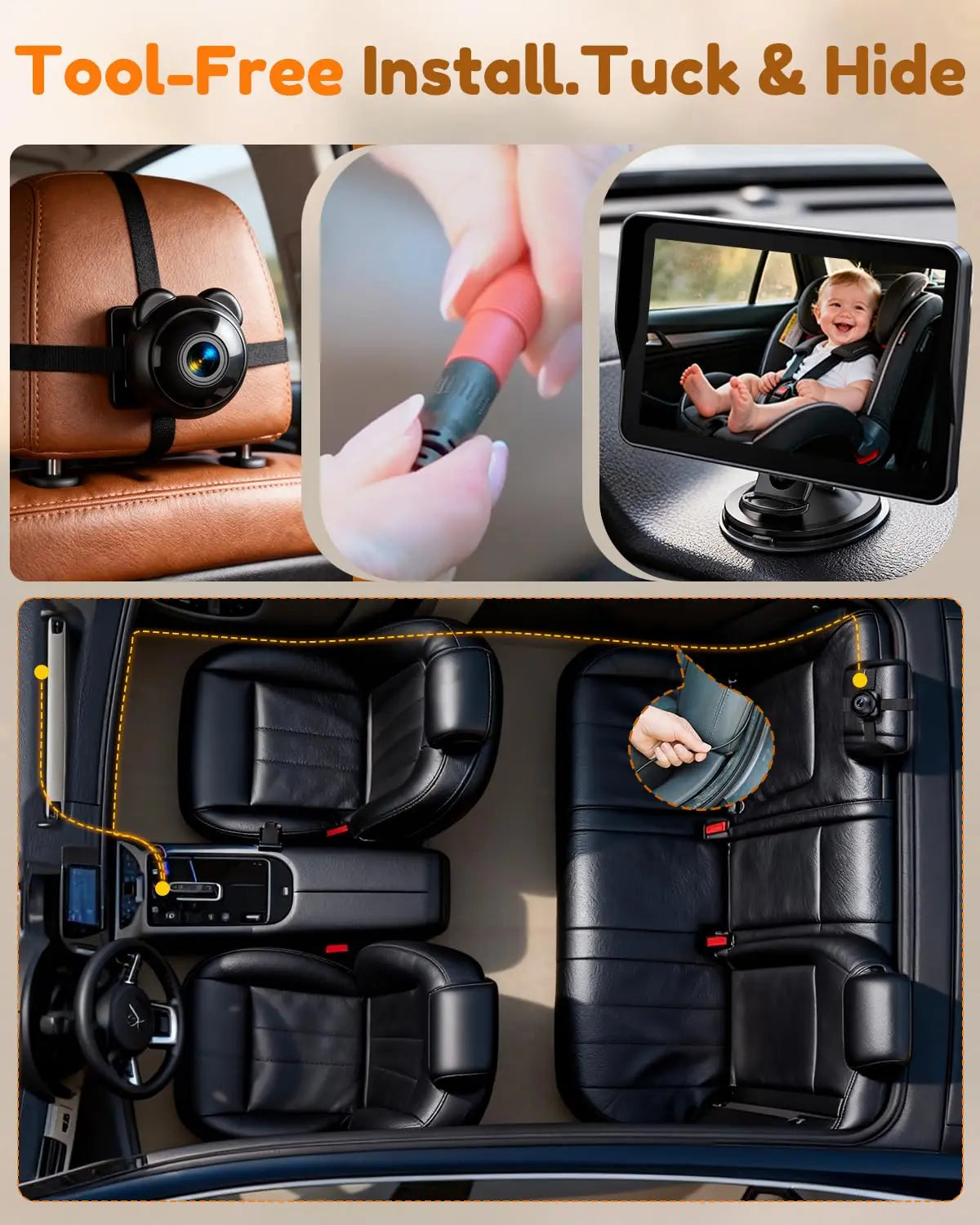 7.2 Inch HD Baby Car Camera 1080P Auto Night Vision 150° Wide Angle 3X Larger View 5 Mins USB Easy Install for Kids 0-5